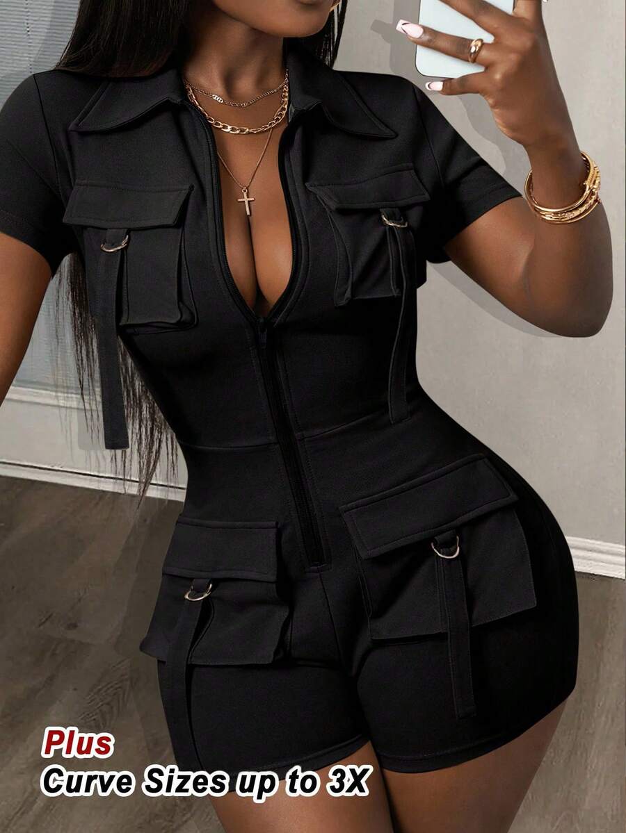 Slaydiva 2025 Spring And Summer New Casual Street Front Zipper Work Pocket Short Sleeve Mini Cropped Women Jumpsuit, Khaki,Suitable For Music Festivals, Easter, St. Patrick's Day, Daily Outings, Parties, Graduation Season, Sports And Leisure-B Black Romper Women Black Romper - Black - View 1