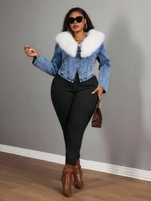 SHEIN SXY Winter Plus Size Dark Wash Denim Cat Claw Print Skinny Jeans - Black - View 5
