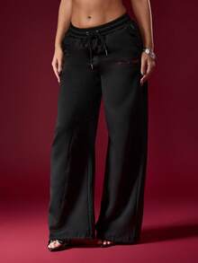 Missguided x Playboy 阔腿慢跑裤 高腰水钻Logo细节 冬季休闲街头风 家居服 派对晚装 - 黑色 - 查看 1