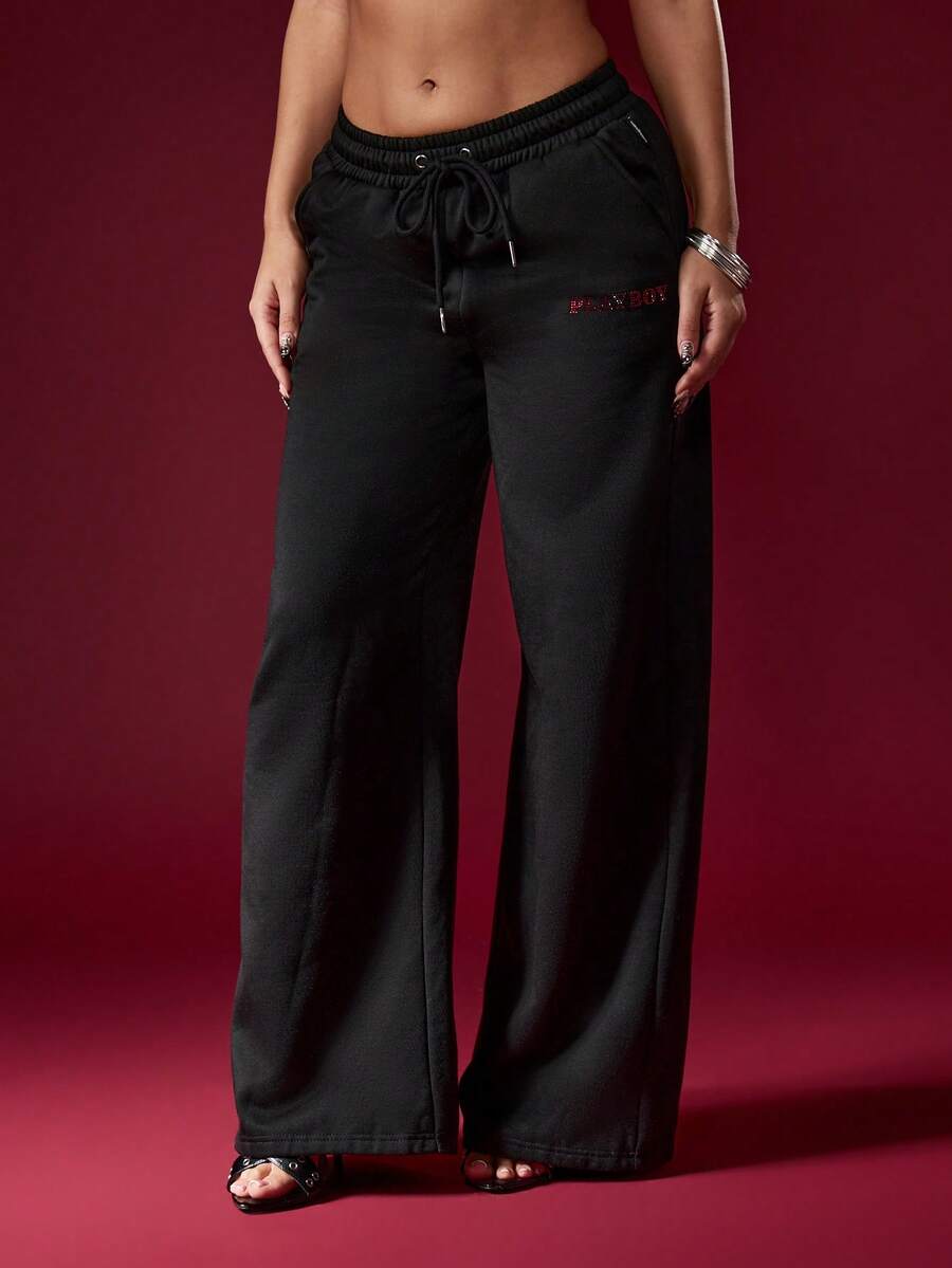 Missguided x Playboy 阔腿慢跑裤 高腰水钻Logo细节 冬季休闲街头风 家居服 派对晚装 - 黑色 - 查看 1
