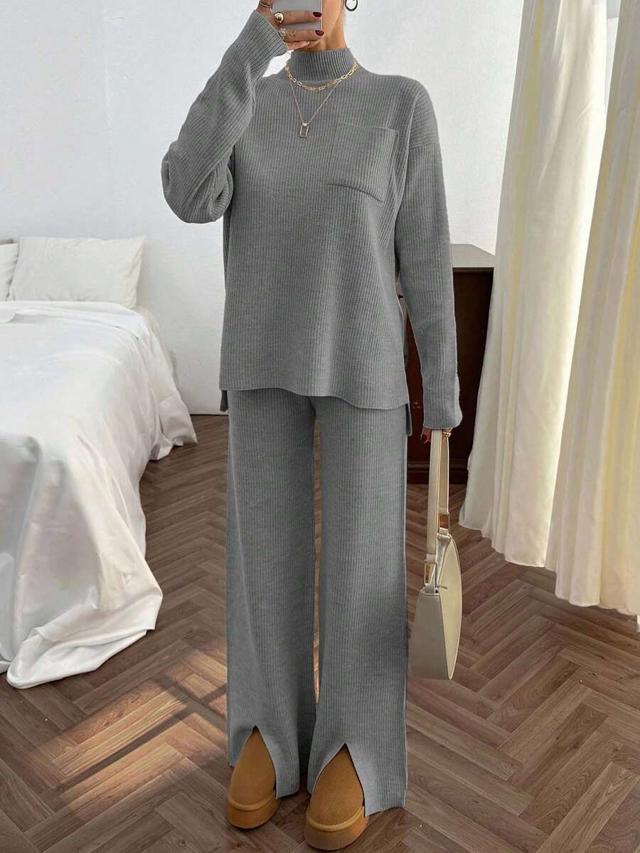 SHEIN Cottnline Rib Pattern Pocket Pullover Pant Knit Set Stay At Home Dark Grey Autumn Casual Everyday - Grey - View 1