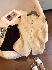 SHEIN Frenchy 简约前扣休闲无袖女士西装外套，适合日常通勤 - 杏色 - 查看 3