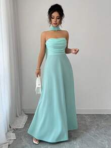 Elenzga Strapless Ruffle Waist A-Line Flowy Elegant Romantic Women Dress