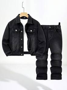 Tween Boys Denim Set, Loose Fit Distressed Black & Grey Jacket, Casual Vintage Straight Leg Washed Black & Grey Jeans Outfit Boys Jeans Suit Boys Denim Jacket And Jeans Set Black Jeans For Kids Boys Black Denim Outfit Set Jean Jacket Kids Fall Winter - Dark Grey - View 1
