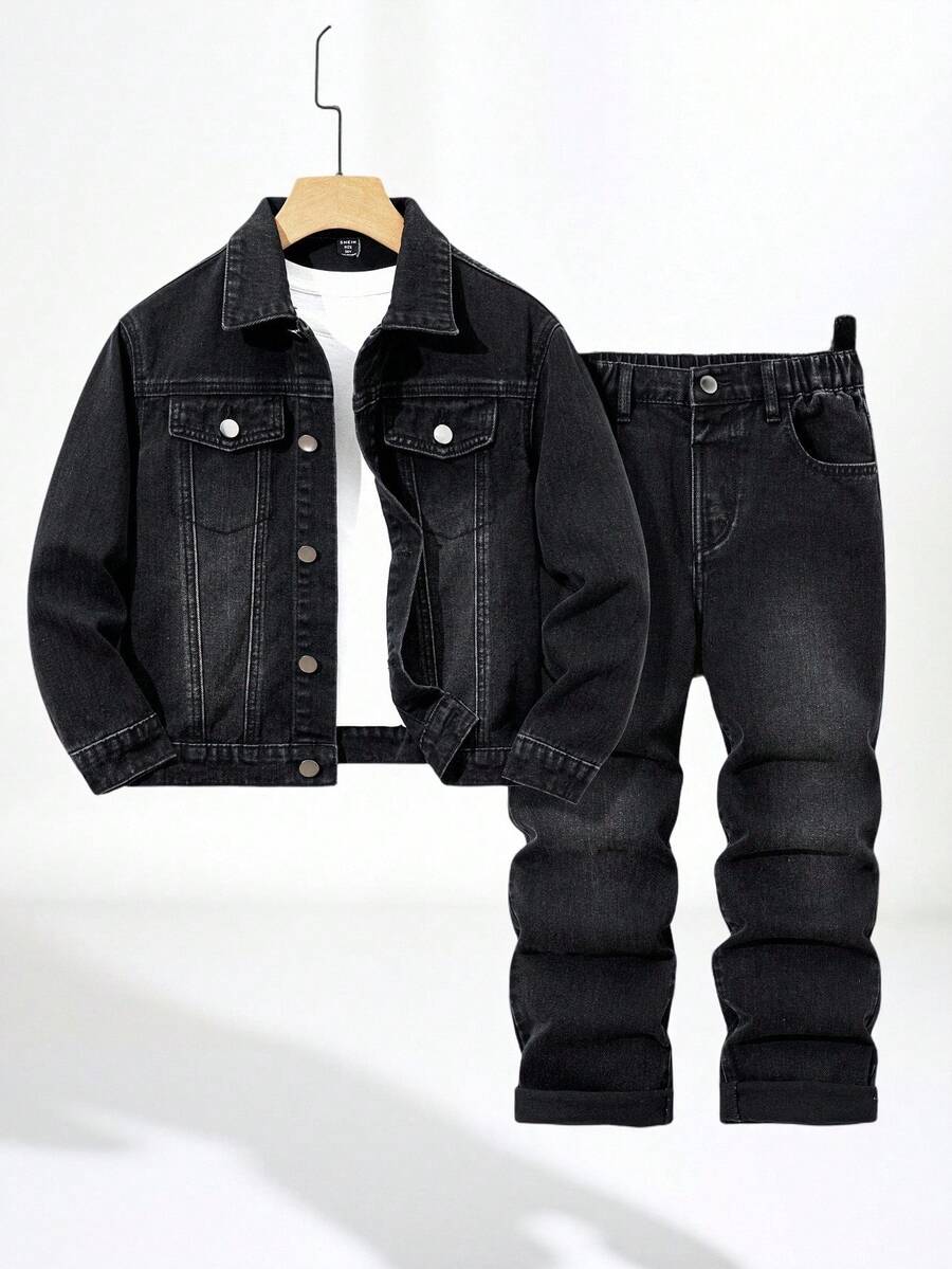 Tween Boys Denim Set, Loose Fit Distressed Black & Grey Jacket, Casual Vintage Straight Leg Washed Black & Grey Jeans Outfit Boys Jeans Suit Boys Denim Jacket And Jeans Set Black Jeans For Kids Boys Black Denim Outfit Set Jean Jacket Kids Fall Winter - Dark Grey - View 1
