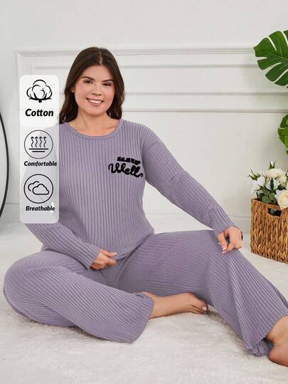 EURMUSE 100%Cotton 2Pcs Plus Cotton Slogan Printed Long Sleeve Shirt And Long Bottom PJ Set Pj Sets For Women Long Sleeve Pj Set For Woman Sleep Wear Women 2 Piece Set Comfy Pajamas Set Lounge Wear Women Set