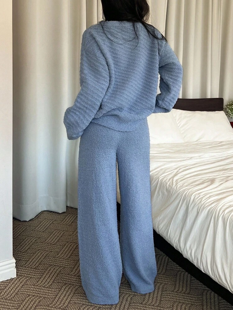 Women's Loose Textured Half Fleece Knit Fluffy Lounge Set, Fall Winter Clothes, Cozy Outfit