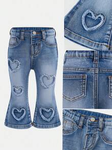 SHEIN Baby Girls' Y2K Frayed Heart Denim Jeggings, Blue,Fall Clothes,Autumn Clothes,Heartwarming Patch,2000s Style Winter