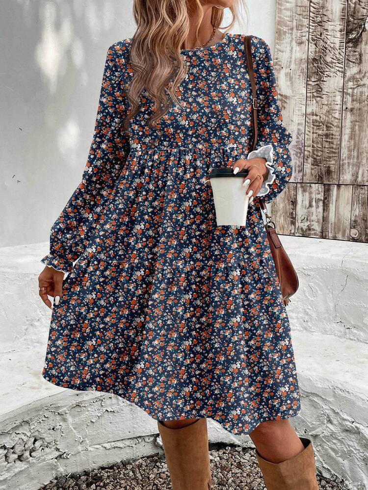 Casual Elegant Women's Midi Ditsy Floral Dress, Autumn/Winter Long Sleeve Floral Dress