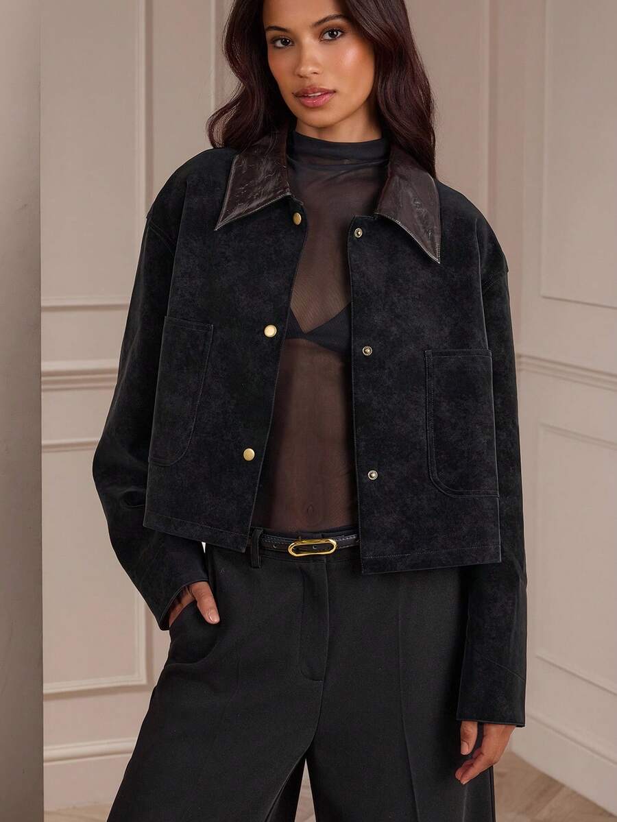 Women's Casual Commuter Washed Vintage Jacket, Loose Fit Metal Button Pockets In Fall/Winter