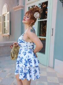 Gretanique 复古蓝白水彩印花领口系带前饰浪漫连衣裙，适合节日 - 彩色 - 查看 4