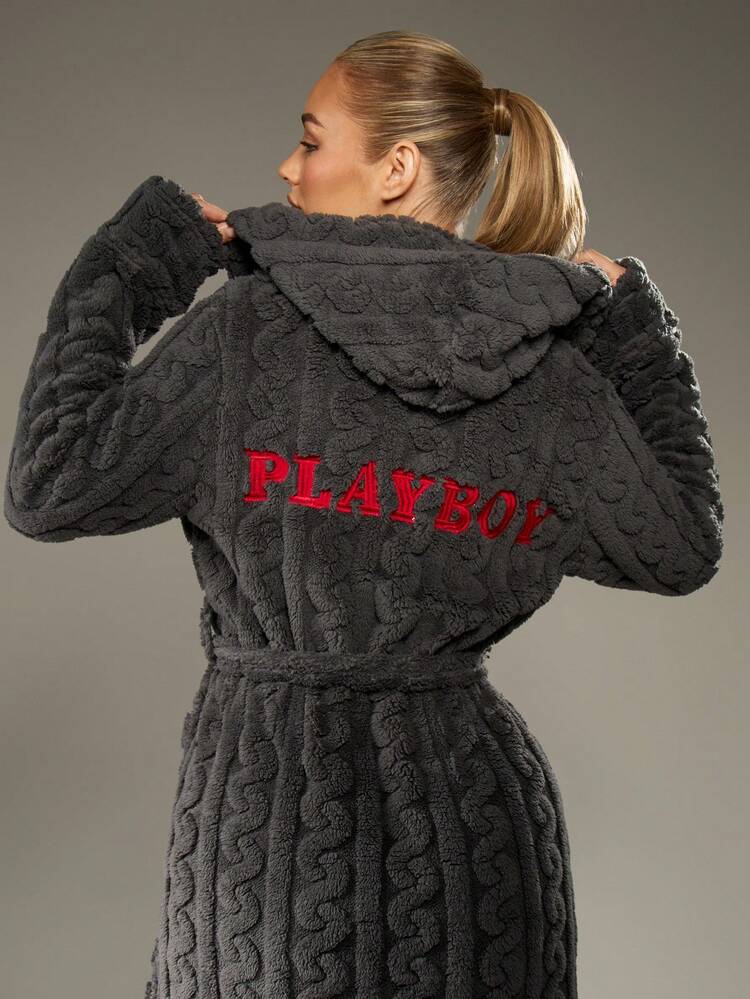 Missguided x Playboy Cable Knit Long Hooded Bathrobe With Belt