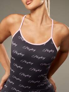 Missguided x Playboy All Over Print Bodysuit Romper Unitard With Cross Back Straps Club Party Evening Festival Costume Summer Spring Vacation Beachwear - Black - View 5