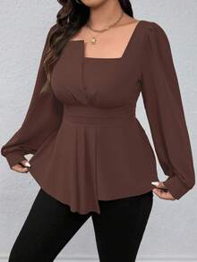 SHEIN LUNE Kemeja Lengan Panjang Kasual Ukuran Besar dengan Kerah Persegi, Warna Polos, dan Hem Bergelombang, Atasan Peplum untuk Natal - Coklat - View 7