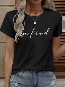Chiquease 女款“Be Kind”标语印花简约短袖T恤图案T恤女款上衣 - 黑色 - 查看 3