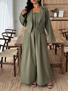 Weeklong Bộ đồ liền thân dây mảnh màu trơn cỡ lớn và áo khoác dài tay 2 món - xanh quân đội - Xem 4