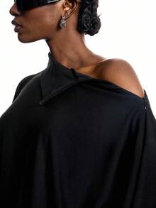 LYSMO 女士纯色高领蝙蝠袖长袖露背宽松T恤 - 黑色 - 查看 10