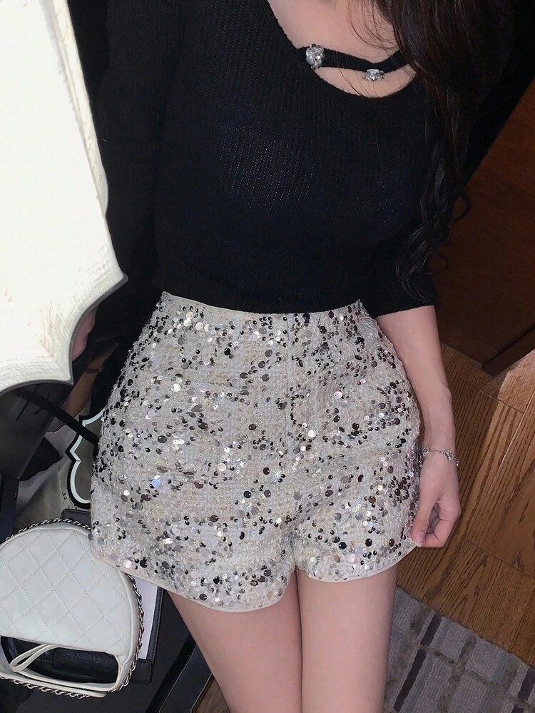 Women's Heavily Sequined Korean-Style Party Shorts,New Year Carnival