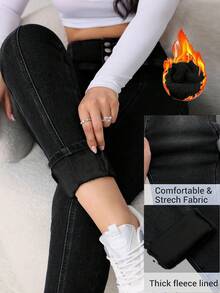 SHEIN Tall 女士牛仔裤 蓝色高腰紧身加绒牛仔裤 高个女士牛仔裤 冬季保暖牛仔裤 泰迪熊牛仔裤 保暖毛绒泰迪熊牛仔裤 女士慢跑裤 打底裤 女士牛仔裤 抓绒打底裤 冬季女装 保暖舒适裤 弹力裤 加厚裤 黑色工作裤 女士保暖内衬裤 - 黑色 - 查看 1