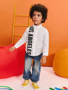 SHEIN Young Boy Casual Letter Print Long Sleeve Shirt, Los Angeles Shirt Boys, Boys Long Sleeve Shirt, Boys White Shirt - White - View 2