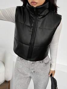 SHEIN PETITE 女士简约纯色短款皮夹棉大衣、冬季背心 - 黑色 - 查看 3