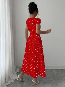 Elenzga Women's Elegant Polka Dot Print Ruched Waist Square Neck Short Sleeve Maxi Dress - Red - View 2