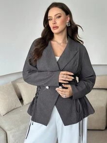 Modelyn 大码女式优雅长袖系腰休闲西装外套 - 灰色 - 查看 4