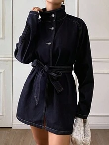 DAZY Women's Stand Collar Belted Loose Urban Casual Denim Jacket And Coat Fall/Winter - Dark Wash - View 1