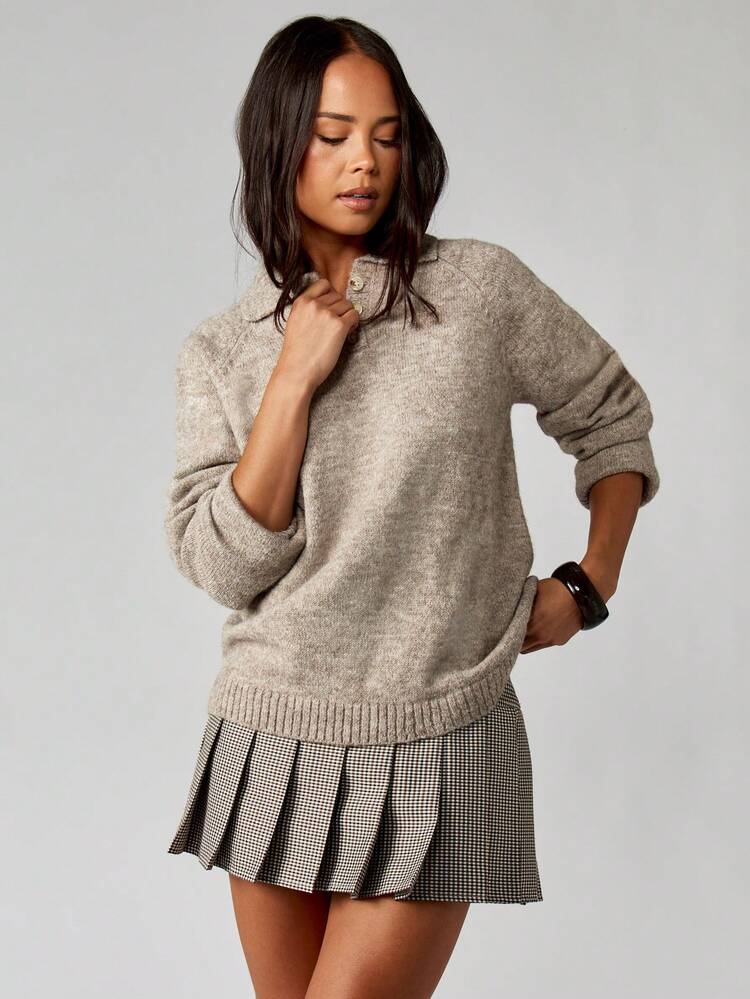 MISSGUIDED Oversized, locker sitzender Poloshirt-Pullover mit Knopfdetails und Langarm-Strickoberteile für lässigen Winter-/Herbststil