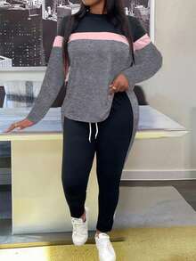 EMERY ROSE Bộ đồ 2 món thường ngày cổ tròn tay dài màu tương phản mùa thu dành cho nữ cỡ lớn - Nhiều màu - Xem 5