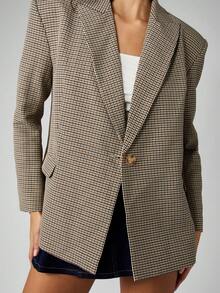 MISSGUIDED Áo khoác blazer họa tiết Houndstooth chuyên nghiệp cỡ lớn cho nữ, trang phục công sở, cài một nút, ve khía, tay dài, kiểu dáng cổ điển, lịch sự, phù hợp với công việc, thời trang thu đông - Nhiều màu - Xem 4