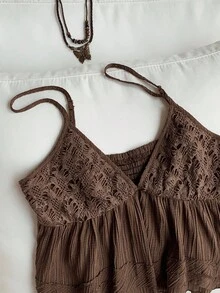 Comfortcana 女式休闲纯色荷叶边下摆无袖上衣，夏季 - 棕色 - 查看 5