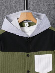 SHEIN Tween Boy's Casual Color Block Patchwork Hoodie Shirt With Pockets, Suitable For Autumn, Spring, Winter, Suitable For Outdoor Play, School, Street Style, Party And Leisure, High Cost-Performance Fall - Army Green - View 6