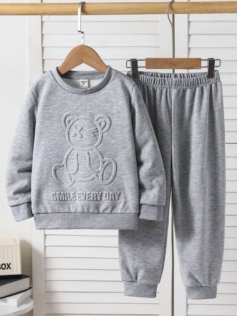 SHEIN 2 件儿童/青少年男童休闲百搭舒适宽松圆领运动衫和运动裤套装