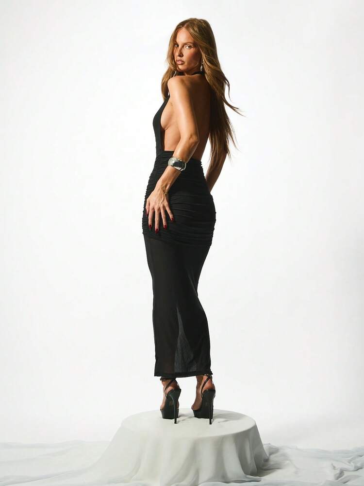 KIZN Ruched Halter Neck Mesh Dress With Side Ruffles