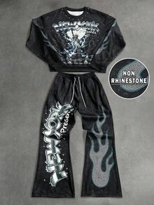 Manfinity EMRG 男士时尚自由女神像印花卫衣和运动裤套装，秋冬装 - 彩色 - 查看 5