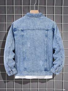 SHEIN 青少年男孩时尚休闲 Y2K 复古酷炫街头返校学院风蓝色可水洗设计抓绒鞋底保暖牛仔翻领长袖外套，适合青少年男孩日常穿着，柔软舒适，也适合青少年男孩秋冬季锐舞派对、节日和街头服饰以及校园服装。