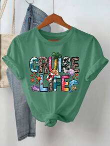 Plus Size Women's Letter & Shell Print Short Sleeve Casual Round Neck T-Shirt