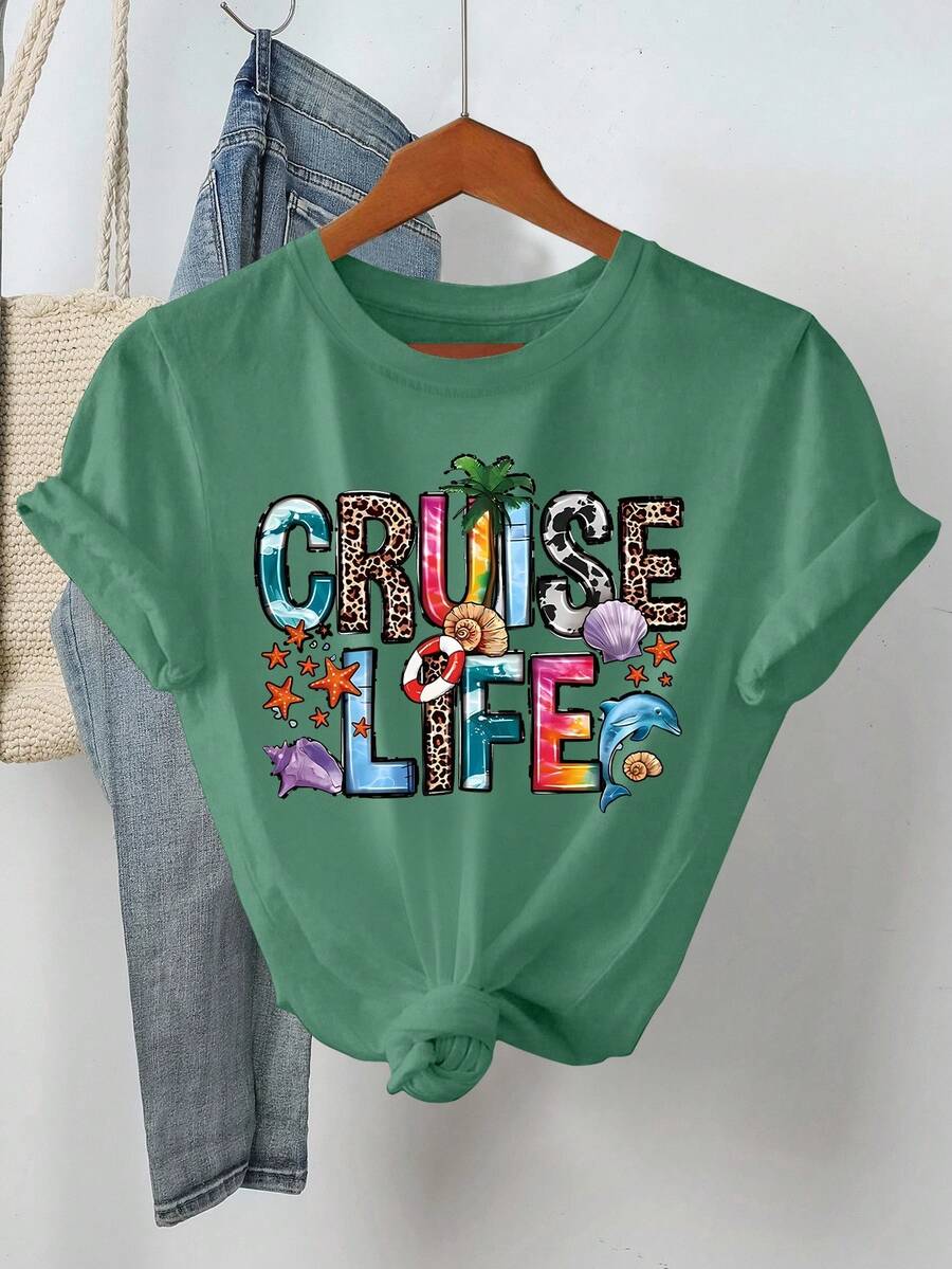 Plus Size Women's Letter & Shell Print Short Sleeve Casual Round Neck T-Shirt