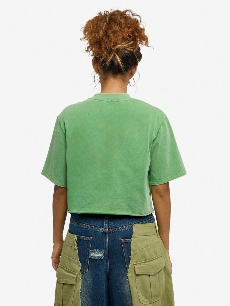 SUMWON WOMEN Cropped Graphic Tee With Number Print And Washed Effect