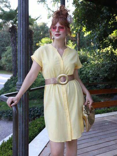 Gretanique 女士度假休闲纯色前扣连衣裙