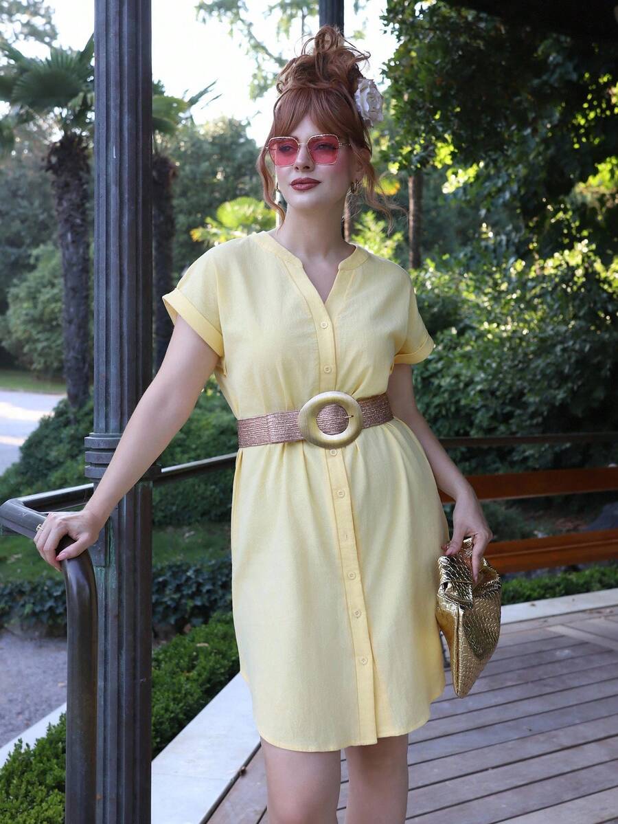 Gretanique 女士度假休闲纯色前扣连衣裙 - 黃色 - 查看 1