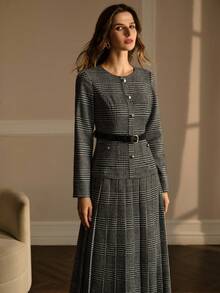 MOTF PREMIUM Váy kẻ caro đen Glen dài vừa phải, có viền xếp ly, thắt lưng - màu đen - Xem 6