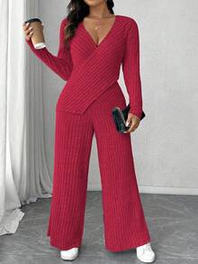 Calvaya 加大码柔软针织罗纹面料交叉长袖T恤+柔软罗纹阔腿裤休闲家居服两件套 - 紅色 - 查看 4