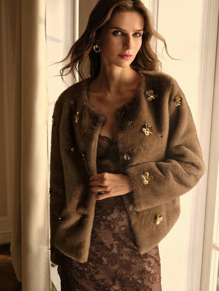 SEQUIN FLORAL DECOR FAUX FUR COAT
