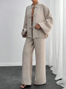 EURMUSE Casual Style, Premium Quality Linen, Keep Cool In Warm Weather, Effortless Weekend Outfit, Two Pieces Set, Tie Front Detailed Balloon Sleeve Top With Relaxed Pant - Beige - View 5