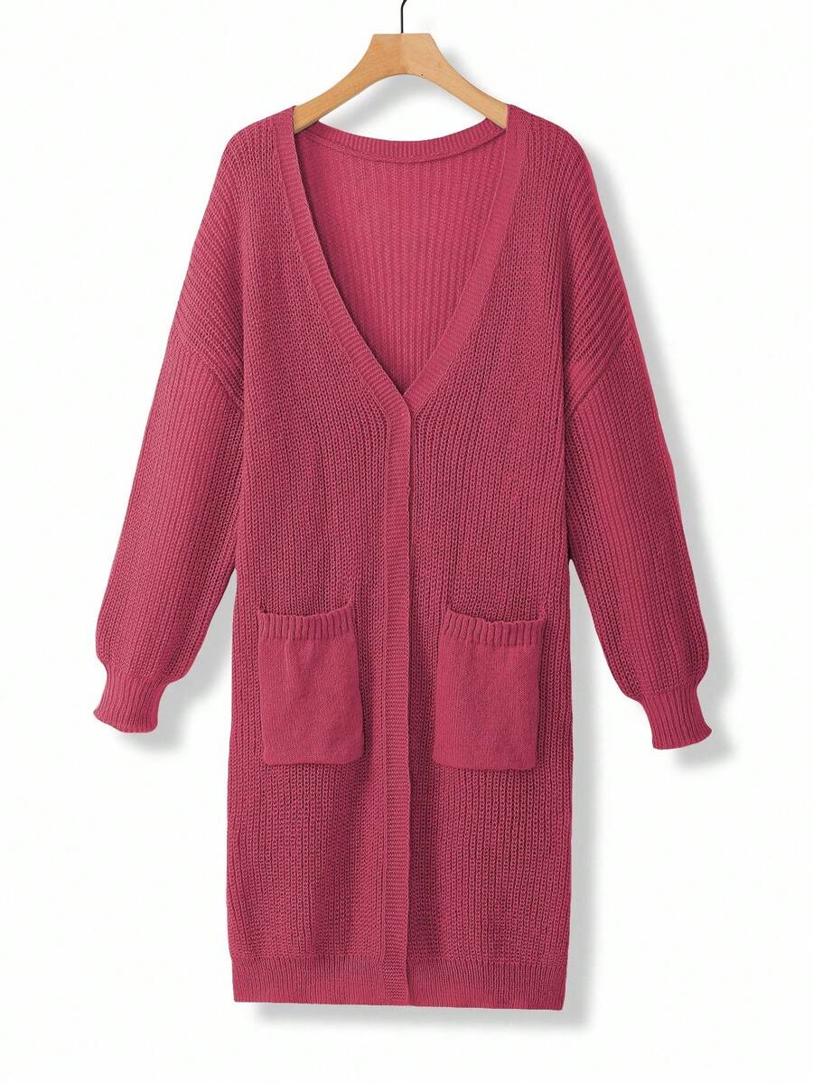 EMERY ROSE Plus Size Women Loose Casual Drop Shoulder Lantern Sleeve Knitted Cardigan, Black Jacquard Pattern, Mid-Length, Versatile Daily Wear - Red Violet - View 1