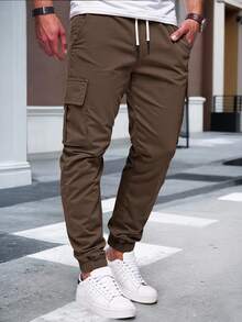 Manfinity Homme Men's Solid Color Pocket Drawstring Waist Casual Slim Fit Cargo Pants, Fall - Coffee Brown - View 4