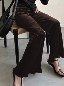 FRIFUL Women's Loose Fit Velvet Fabric Flared Hem Patchwork Maxi Pants, Solid Color, Autumn Ruffle Pants