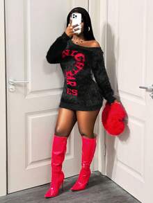 BamGleam كنزة صوفية نسائية كاجوال طويلة الأكمام بكتف مائل، لون أسود مع نمط تحية، لون أحمر فاخر مع نمط حرفي، طراز شارع جذاب وعتيق وكاجوال محبوك